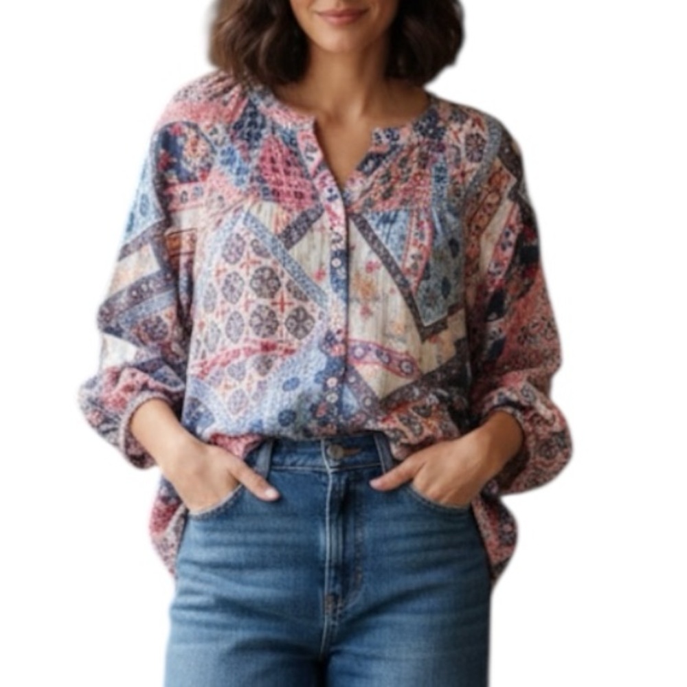 Indigo Rose Boho Patchwork Paisley Pink and Blue 3/4 Sleeve Top Size Large P
